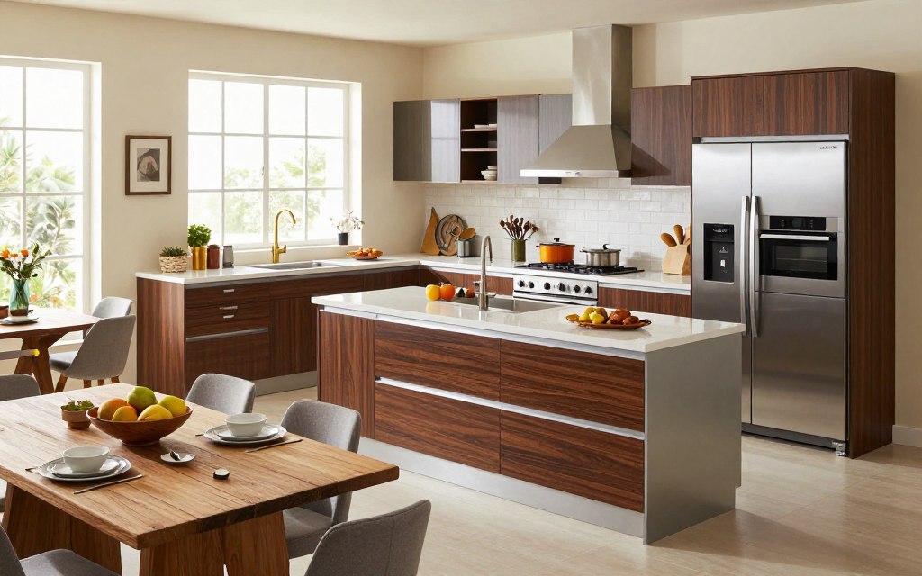 A contemporary kitchen display in Riyadh, showcasing a variety of ready-to-install kitchen designs. In the foreground, feature sleek cabinetry with elegant finishes, including dark wood and polished metal accents. Include stylish countertops and modern appliances like a stainless steel refrigerator and built-in oven. In the middle ground, arrange a cozy dining area with a rustic wooden table and tasteful accessories, like a fruit bowl and stylish dinnerware, reflecting a practical yet inviting atmosphere. The background should feature large windows with natural light flooding in, highlighting the vibrant colors and textures of the kitchen. Capture this scene from a slightly elevated angle, emphasizing the depth and spaciousness, creating a warm and welcoming mood, perfect for selecting the ideal kitchen design. A contemporary kitchen display in Riyadh, showcasing a variety of ready-to-install kitchen designs. In the foreground, feature sleek cabinetry with elegant finishes, including dark wood and polished metal accents. Include stylish countertops and modern appliances like a stainless steel refrigerator and built-in oven. In the middle ground, arrange a cozy dining area with a rustic wooden table and tasteful accessories, like a fruit bowl and stylish dinnerware, reflecting a practical yet inviting atmosphere. The background should feature large windows with natural light flooding in, highlighting the vibrant colors and textures of the kitchen. Capture this scene from a slightly elevated angle, emphasizing the depth and spaciousness, creating a warm and welcoming mood, perfect for selecting the ideal kitchen design.