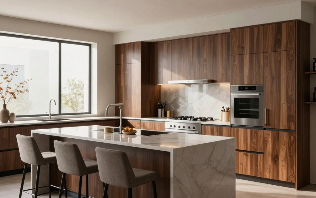 A modern kitchen interior design showcasing elegant custom cabinetry and high-quality materials, illuminated by soft, natural lighting pouring in from a large window. In the foreground, a sleek kitchen island with a polished countertop is surrounded by stylish bar stools. The middle ground features a well-organized layout with a mix of stainless steel appliances and warm wooden finishes, emphasizing functionality and aesthetics. The background reveals a glimpse of decorative wall elements, such as contemporary art or sleek shelving. The atmosphere is inviting and sophisticated, embodying a blend of modernity and comfort suitable for a fine dining experience. Capture this scene from a slightly elevated angle to enhance the depth and composition, focusing on the craftsmanship involved in kitchen detailing. A modern kitchen interior design showcasing elegant custom cabinetry and high-quality materials, illuminated by soft, natural lighting pouring in from a large window. In the foreground, a sleek kitchen island with a polished countertop is surrounded by stylish bar stools. The middle ground features a well-organized layout with a mix of stainless steel appliances and warm wooden finishes, emphasizing functionality and aesthetics. The background reveals a glimpse of decorative wall elements, such as contemporary art or sleek shelving. The atmosphere is inviting and sophisticated, embodying a blend of modernity and comfort suitable for a fine dining experience. Capture this scene from a slightly elevated angle to enhance the depth and composition, focusing on the craftsmanship involved in kitchen detailing.