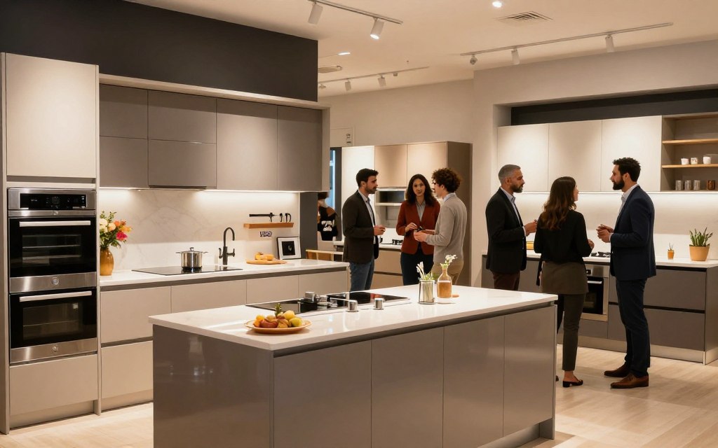 A modern kitchen showroom in Riyadh, featuring an elegant display of ready-made kitchen designs. In the foreground, a sleek, contemporary kitchen with polished countertops, stainless steel appliances, and stylish cabinetry, all bathed in warm, inviting lighting. To the left, a promotional feature highlighting exclusive August discounts, subtly integrated into the setting. In the middle ground, a diverse group of professional individuals in smart casual attire exploring the kitchen options, discussing features with enthusiasm. The background showcases an expansive layout of various kitchen styles, accentuated by bright, soft overhead lighting, creating an atmosphere of sophistication and excitement. The overall mood is vibrant and encouraging, inviting viewers to envision their ideal kitchen transformation. A modern kitchen showroom in Riyadh, featuring an elegant display of ready-made kitchen designs. In the foreground, a sleek, contemporary kitchen with polished countertops, stainless steel appliances, and stylish cabinetry, all bathed in warm, inviting lighting. To the left, a promotional feature highlighting exclusive August discounts, subtly integrated into the setting. In the middle ground, a diverse group of professional individuals in smart casual attire exploring the kitchen options, discussing features with enthusiasm. The background showcases an expansive layout of various kitchen styles, accentuated by bright, soft overhead lighting, creating an atmosphere of sophistication and excitement. The overall mood is vibrant and encouraging, inviting viewers to envision their ideal kitchen transformation.