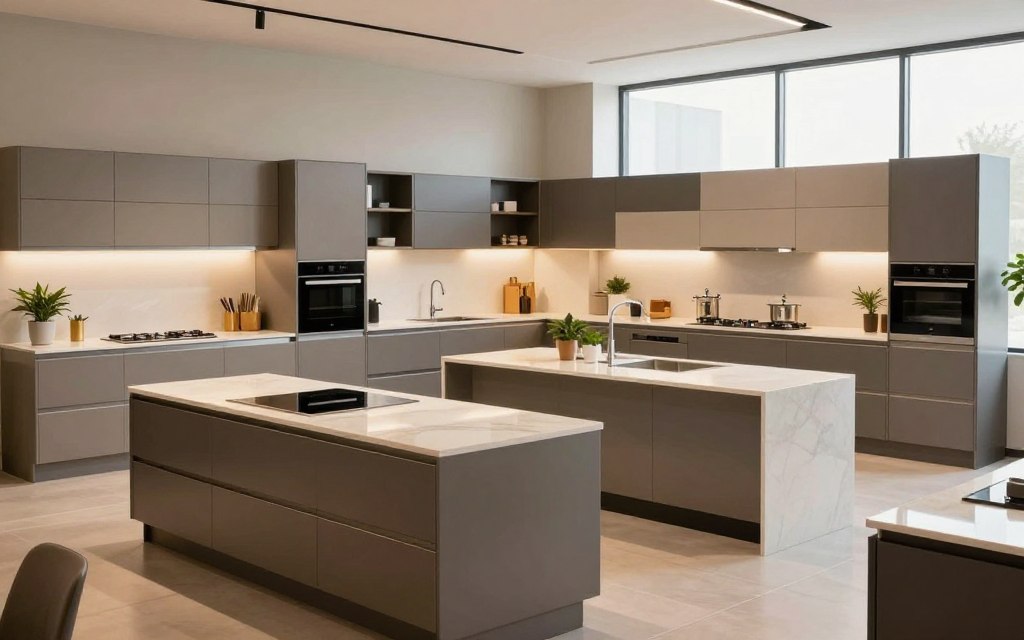 A modern kitchen showroom in Riyadh, showcasing a variety of high-quality, ready-made kitchens. In the foreground, display sleek, contemporary kitchen islands with polished countertops and elegant cabinetry in a mix of colors. In the middle, feature stylish kitchen setups with efficient appliances, soft ambient lighting casting a warm glow, and decorative elements like potted plants. The background should include large windows allowing natural light to flow in, illuminating the space and creating an inviting atmosphere. Capture the essence of modern design with a wide angle, focusing on the spacious layout and organized arrangement, emphasizing affordability and quality. A modern kitchen showroom in Riyadh, showcasing a variety of high-quality, ready-made kitchens. In the foreground, display sleek, contemporary kitchen islands with polished countertops and elegant cabinetry in a mix of colors. In the middle, feature stylish kitchen setups with efficient appliances, soft ambient lighting casting a warm glow, and decorative elements like potted plants. The background should include large windows allowing natural light to flow in, illuminating the space and creating an inviting atmosphere. Capture the essence of modern design with a wide angle, focusing on the spacious layout and organized arrangement, emphasizing affordability and quality.