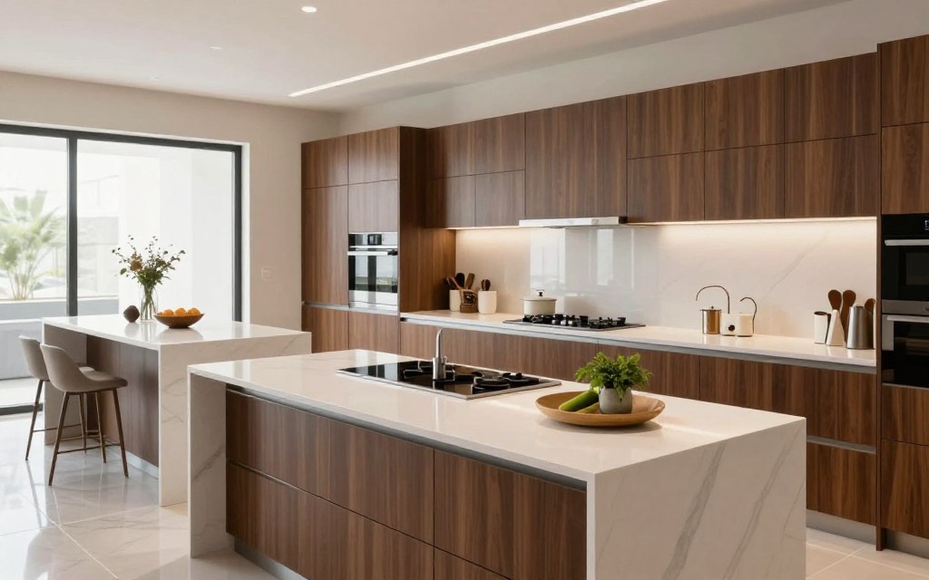 A stylish, modern kitchen interior showcasing the best of Riyadh's 2026 kitchen designs. In the foreground, a sleek, white countertop with a built-in stove and elegant kitchen islands featuring decorative elements like fresh herbs and stylish kitchenware. In the middle, an array of cabinetry with rich wood finishes and contemporary fixtures, reflecting trendy minimalist aesthetics. In the background, large windows allowing natural light to flood the space, illuminating the polished floor tiles. The lighting is bright and warm, creating an inviting atmosphere. The angle should capture the entire kitchen layout, emphasizing a spacious, organized environment. The mood is sophisticated yet functional, appealing to those seeking high-quality kitchen designs in Riyadh. A stylish, modern kitchen interior showcasing the best of Riyadh's 2026 kitchen designs. In the foreground, a sleek, white countertop with a built-in stove and elegant kitchen islands featuring decorative elements like fresh herbs and stylish kitchenware. In the middle, an array of cabinetry with rich wood finishes and contemporary fixtures, reflecting trendy minimalist aesthetics. In the background, large windows allowing natural light to flood the space, illuminating the polished floor tiles. The lighting is bright and warm, creating an inviting atmosphere. The angle should capture the entire kitchen layout, emphasizing a spacious, organized environment. The mood is sophisticated yet functional, appealing to those seeking high-quality kitchen designs in Riyadh.