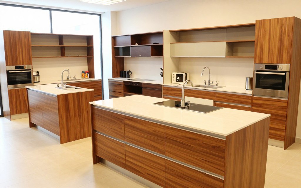 A vibrant and modern kitchen display showcasing affordable, ready-made kitchens available in Riyadh. The foreground features a stylish kitchen with sleek cabinetry in warm wood tones, a sparkling countertop, and contemporary appliances. In the middle ground, display different kitchen layouts highlighting smart storage solutions and space efficiency. The background includes elements of a well-lit showroom environment, with natural light filtering through large windows to create a welcoming atmosphere. Capture the scene from a slightly elevated angle to provide a comprehensive view. Use bright, inviting lighting to emphasize the quality and design of the kitchens, conveying a sense of affordability and style to attract potential buyers. A vibrant and modern kitchen display showcasing affordable, ready-made kitchens available in Riyadh. The foreground features a stylish kitchen with sleek cabinetry in warm wood tones, a sparkling countertop, and contemporary appliances. In the middle ground, display different kitchen layouts highlighting smart storage solutions and space efficiency. The background includes elements of a well-lit showroom environment, with natural light filtering through large windows to create a welcoming atmosphere. Capture the scene from a slightly elevated angle to provide a comprehensive view. Use bright, inviting lighting to emphasize the quality and design of the kitchens, conveying a sense of affordability and style to attract potential buyers.