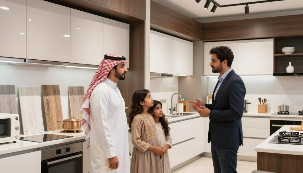 نصائح شراء المطابخ - عميل يفحص الخيارات نصائح شراء المطابخ - عميل يفحص الخيارات